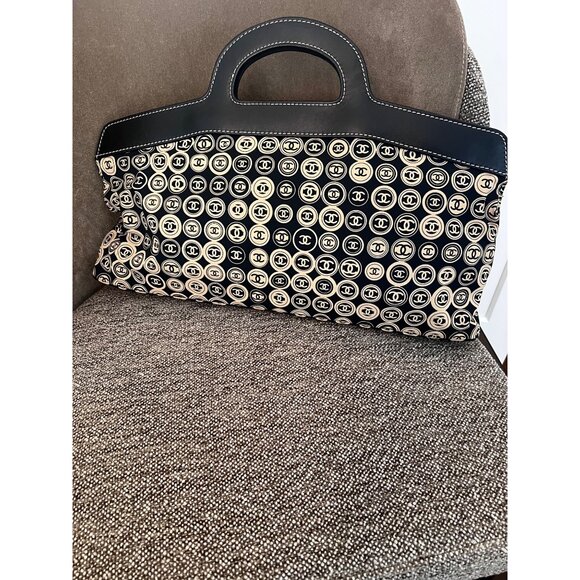 Chanel Black & Beige CC Coin Canvas Tote Bag With Leather Trim - Picture 1 of 9